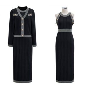 Chicwish Set of 2: SHIMMERY GOLDEN BUTTON KNIT
CARDIGAN AND DRESS IN BLACK, S-M